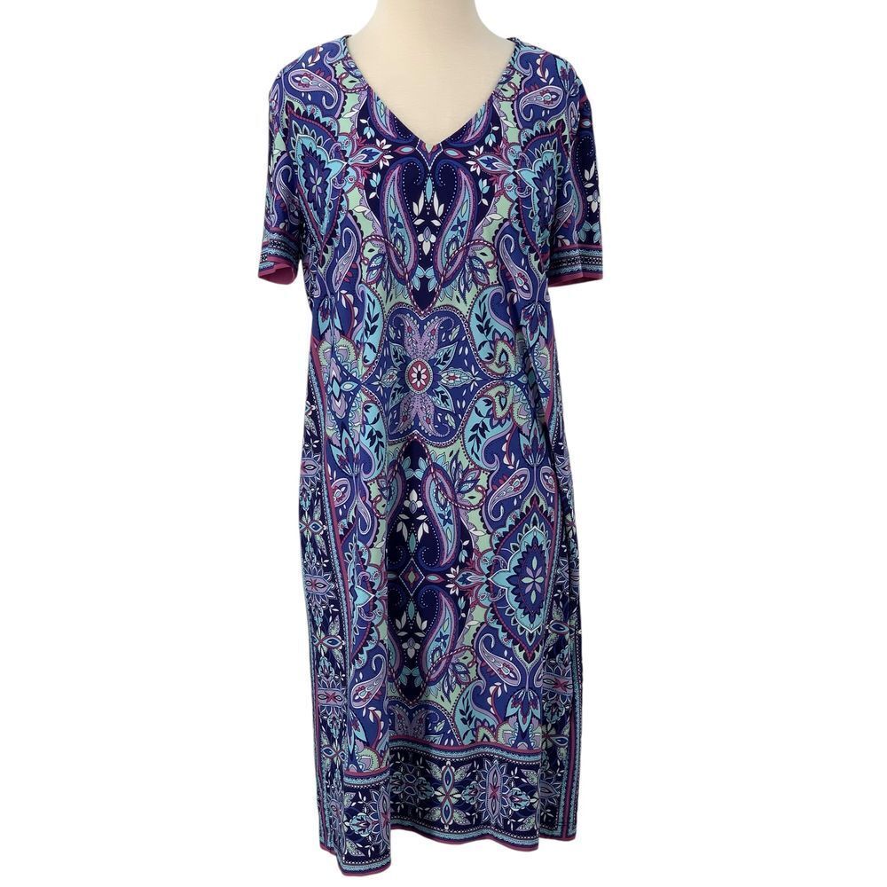 London Times Paisley Print V-Neck Shift Dress Navy Blue Turquoise Purple Size 12